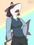  2023 anthro clipboard clothing female fish gills gum-k hi_res looking_at_viewer marine ms._notes_(cat_pepper) shark sharp_teeth solo teeth topwear vest 