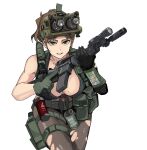  1girl ammunition_pouch assault_rifle bikini bikini_top_only black_bikini blue_eyes breasts brown_hair brown_pantyhose clenched_teeth colt_commando commentary_request cowboy_shot flashbang flashlight gloves green_eyes green_gloves gun highres holding holding_gun holding_weapon holster knife korean_commentary korean_text large_breasts load_bearing_equipment looking_ahead metal_gear_(series) metal_gear_solid_v:_the_phantom_pain mole mole_on_breast muzzle_device night_vision_device open_mouth pantyhose pouch quiet_(metal_gear) rifle sanpaku simple_background smoke_grenade swimsuit teeth thigh_holster torn_clothes torn_pantyhose wani_(perfect_han) weapon white_background 