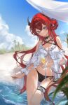  1girl absurdres arknights bare_shoulders beach bikini black_choker blue_sky champagne_flute choker cloud commentary_request cup day drinking_glass hair_rings highres holding holding_cup horns long_hair looking_at_viewer ocean purple_eyes red_hair sky solo stomach surtr_(arknights) surtr_(colorful_wonderland)_(arknights) swimsuit teen_a thigh_strap thighs very_long_hair water 