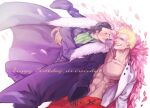  2boys acro_kink ascot black_coat blonde_hair cigar coat coat_on_shoulders crocodile_(one_piece) crossed_arms donquixote_doflamingo earrings english_text feather_coat fur_trim green_ascot happy_birthday hook_hand jewelry male_focus multiple_boys muscular muscular_male one_piece open_clothes pink_coat scar scar_on_face shirt short_hair smile sunglasses teeth white_shirt 