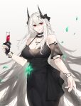  1girl absurdres arknights bare_shoulders black_choker black_dress black_gloves breasts champagne_flute choker cleavage commentary cowboy_shot cup detached_sleeves dress drinking_glass gloves grey_background hand_up highres holding holding_cup horns large_breasts long_hair looking_at_viewer mudrock_(arknights) mudrock_(obsidian)_(arknights) official_alternate_costume pointy_ears red_eyes short_sleeves single_glove sleeveless sleeveless_dress smile solo standing valenna very_long_hair white_hair 
