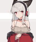  1girl animal_ears arknights bare_shoulders black_choker breasts brown_shirt choker detached_sleeves diamond-shaped_pupils diamond_(shape) fox_ears fox_girl frostleaf_(arknights) grey_hair headphones highres implied_extra_ears jacket long_hair long_sleeves looking_at_viewer off-shoulder_shirt off_shoulder red_eyes red_jacket ribbed_shirt shirt sidelocks small_breasts solo spaghetti_strap symbol-shaped_pupils upper_body yki 