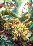  2others artist_name claws diatrymon digimon digimon_(creature) fangs forest highres kou_(xcws3487) multiple_others nature no_humans outdoors saberleomon signature tail watermark wings 