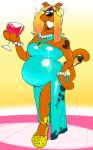  anthro belly big_belly blonde_hair blue_clothing blue_dress bomkragg brown_body bubble canid canine clothed clothing container cross-eyed crossdressing cup dress drinking_glass drunk drunk_bubble ear_piercing ear_ring eyelashes eyeshadow footwear girly glass glass_container glass_cup hair hanna-barbera hi_res holding_object_with_tail holding_wine_glass lipstick makeup male mammal piercing prehensile_tail ring_piercing scooby-doo scooby-doo_(series) solo substance_intoxication wine_bottle wine_glass yellow_clothing yellow_footwear 