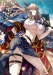  1girl alternate_costume alternate_hairstyle artoria_pendragon_(fate) artoria_pendragon_(lancer_alter)_(fate) bandages belt black_belt blue_jacket blue_skirt breasts club_(weapon) cluseller commentary_request fate/grand_order fate_(series) floating_hair grey_hair hair_ornament hand_on_own_hip holding holding_club holding_weapon jacket jacket_on_shoulders large_breasts long_hair looking_at_viewer mouth_hold navel sarashi skirt sky solo spiked_club stomach sunlight weapon yellow_eyes 