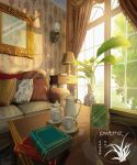  artist_logo book couch cup curtains desk_lamp indoors lamp no_humans original painting_(object) pillow plant saucer scenery table teacup teapot vase window xingzhi_lv 
