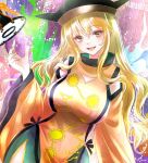  1girl :d black_headwear blonde_hair blush breasts constellation_print detached_sleeves drum green_skirt hair_between_eyes hajike_akira hand_up hat highres instrument large_breasts long_hair long_sleeves looking_at_viewer matara_okina one-hour_drawing_challenge open_mouth sidelocks simple_background skirt smile solo sun_symbol tabard touhou traditional_media tsuzumi very_long_hair wide_sleeves yellow_eyes 