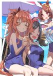  3girls :d =_= absurdres animal_ears bare_shoulders beach_umbrella black_hair blue_one-piece_swimsuit blue_sky blush border bottle breasts brown_hair brown_ribbon cleavage closed_eyes cloud collarbone competition_school_swimsuit covered_navel cup day drink drinking drinking_straw ear_ribbon ear_scrunchie fang feet_out_of_frame flipped_hair flower from_side hair_flower hair_ornament haruyuki_(gffewuoutgblubh) highres holding holding_bottle holding_cup horse_ears horse_girl horse_tail hot ice ice_cube large_breasts long_hair looking_at_another marvelous_sunday_(umamusume) mayano_top_gun_(umamusume) multiple_girls o-ring one-piece_swimsuit open_mouth orange_hair outdoors outside_border parted_bangs pink_eyes raised_eyebrows ramune red_flower red_ribbon ribbon rope saddle sakura_laurel_(umamusume) school_swimsuit scrunchie shade short_hair single_vertical_stripe sitting sky small_breasts smile standing summer sweat swimsuit tail tail_through_clothes tire towel towel_on_head tracen_swimsuit twintails two_side_up umamusume umbrella wavy_hair white_border yellow_scrunchie 