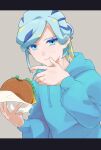  1boy alternate_costume aqua_hair aqua_hoodie burger closed_mouth colored_eyelashes commentary_request eyelashes food food_wrapper grey_background grusha_(pokemon) hanaya_nataka highres holding hood hood_down lettuce long_sleeves male_focus pokemon pokemon_sv sliced_cheese solo tassel upper_body 