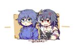  2girls anger_vein asymmetrical_clothes black_gloves blue_eyes blue_shirt chinese_clothes dual_persona fingerless_gloves fu_hua fu_hua_(herrscher_of_sentience) fu_hua_(valkyrie_accipiter) furrowed_brow glasses gloves grey_hair honkai_(series) honkai_impact_3rd jewelry jiangkemo multicolored_hair multiple_girls open_mouth pointing red_eyes shirt simple_background single_bare_shoulder streaked_hair sweatdrop twitter_username upper_body v-shaped_eyebrows white_background 