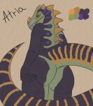  absurd_res allosaurid allosaurus anthro atria butt butt_focus butt_grab colored dinosaur female gloveboxpoptart green_body green_scales grinning_at_viewer hand_on_butt hi_res horn looking_at_viewer looking_back purple_body reptile scales scalie smile solo spikes striped_body stripes tail theropod 