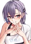  1girl absurdres bra_strap commentary_request grey_eyes grin hair_between_eyes hair_ornament hairclip highres honkai:_star_rail honkai_(series) long_hair looking_at_viewer own_hands_together purple_hair pyeong-il_pyeongil shirt short_sleeves silver_wolf_(honkai:_star_rail) simple_background single-shoulder_shirt single_bare_shoulder single_sleeve smile solo steepled_fingers upper_body white_background white_shirt 