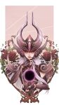  1girl absurdres bebseo belt branch claw_(weapon) elbow_gloves energy_ball fingerless_gloves flower gloves highres leaf league_of_legends long_hair looking_at_viewer magic petals purple_belt purple_eyes purple_gloves red_flower rose simple_background smile solo syndra upper_body weapon white_hair 