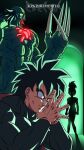  1girl 2boys abs absurdres artist_name bio_broly black_hair broly_(dragon_ball_super) claws commentary constricted_pupils couch doorway dragon_ball dragon_ball_super dragon_ball_super_broly dragon_ball_z english_commentary high_ponytail highres kale_(dragon_ball) kinzokumatto multiple_boys muscular muscular_male own_hands_together red_eyes shirt silhouette sitting tight tight_shirt turtleneck watermark 