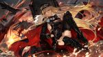  1girl absurdres aiguillette armored_boots azur_lane bird bismarck_(azur_lane) bismarck_zwei_(azur_lane) black_footwear black_gloves black_headwear blonde_hair blood blood_on_face blue_eyes boots breasts cape closed_mouth cloud cloudy_sky dirty dirty_face embers expressionless full_body fur-trimmed_cape fur_trim gloves hair_between_eyes hand_on_own_knee hat high_heel_boots high_heels highres large_breasts long_hair looking_to_the_side mento military_hat ocean official_art peaked_cap rigging scabbard sheath sheathed sideboob sitting sky smoke solo sword thighs throne turret two-sided_cape two-sided_fabric weapon wind 