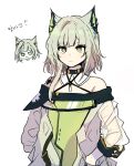  1girl 5rwpvc angry animal_ears arknights asymmetrical_hair bare_shoulders black_choker cat_ears cat_girl chibi chibi_inset choker closed_mouth cowboy_shot dress green_dress green_eyes hands_in_pockets highres kal&#039;tsit_(arknights) korean_text long_hair looking_at_viewer off-shoulder_dress off_shoulder oripathy_lesion_(arknights) see-through see-through_sleeves simple_background translation_request white_background 