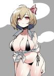  +_+ 1girl ahoge bikini black_bikini blonde_hair breasts cleavage commentary earrings grey_background hair_ribbon highres jewelry large_breasts looking_at_viewer red_eyes red_nails red_ribbon ribbon rumia shirt short_hair shukusuri solo swimsuit tied_shirt touhou white_shirt 