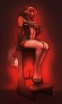  anthro artist_name canid cheek_tuft clothed clothing facial_tuft female grey_body hair hi_res looking_at_viewer mammal narrowed_eyes nipples red_body red_hair red_theme seraphictiger simple_background sitting smile smirk solo tuft 