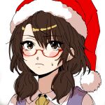  1girl brown_eyes brown_hair hat highres jacket kuya_(hey36253625) looking_at_viewer necktie purple_jacket red_headwear santa_hat shirt sketch solo touhou uncomfortable usami_sumireko white_background white_shirt yellow_necktie 