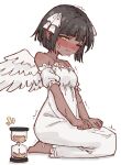  1girl absurdres angel bare_shoulders barefoot blunt_bangs blush bob_cut breasts brown_hair clenched_hands closed_mouth collarbone commentary_request dark-skinned_female dark_skin detached_sleeves dress ear_blush embarrassed english_commentary feathered_wings frilled_dress frilled_sleeves frills full_body hair_ribbon have_to_pee highres hourglass long_dress mixed-language_commentary natali_(rune_(pixiv_25170019)) nose_blush notice_lines one_eye_closed original partial_commentary ribbon rune_(dualhart) seiza short_hair short_sleeves sidelocks simple_background sitting sketch sleeveless sleeveless_dress small_breasts solo spaghetti_strap split_mouth sweat trembling white_background white_dress white_ribbon white_sleeves white_theme white_wings wince wings yellow_eyes 