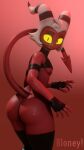  anthro bloney clothing crop_top demon genitals helluva_boss hi_res horn humanoid_genitalia humanoid_penis imp latex legwear male moxxie_(helluva_boss) moxxie_(valorlynz) penis red_body rubber shirt thigh_highs topwear yellow_eyes 