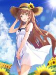  1girl alternate_costume blue_sky blunt_bangs brown_hair cloud commentary_request day dress feet_out_of_frame flower green_eyes hat helena_(kancolle) highres hill kantai_collection kotou_yogen long_hair outdoors sky solo spaghetti_strap standing straw_hat sun_hat sundress sunflower white_dress 