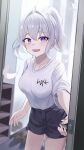  1girl absurdres arch_a4 blue_shorts blurry blush breasts commentary cowboy_shot depth_of_field falling_feathers grey_hair highres indoors ine_(vtuber) large_breasts looking_ahead open_mouth opening_door ponytail purple_eyes shirt shirt_tucked_in short_hair short_shorts short_sleeves shorts smile solo standing virtual_youtuber waktaverse white_shirt 