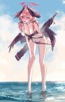  1girl arm_support ass bare_shoulders bent_over bikini bikini_pull black_bikini black_choker black_wings blue_archive blue_sky blush bolt_action bow breasts choker cleavage clothes_pull cloud cloudy_sky collarbone commentary english_commentary feathered_wings groin gun hair_between_eyes hair_bow hair_ribbon halo head_wings highres in_water koharu_(blue_archive) koharu_(swimsuit)_(blue_archive) long_hair looking_at_viewer navel ocean official_alternate_costume outdoors p14_enfield pink_eyes pink_hair print_bikini pulled_by_self ribbon rifle ringeko-chan shallow_water sidelocks sky sleeveless solo stomach strapless strapless_bikini swimsuit twintails water weapon weapon_on_back wings 