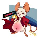  anthro arllanaeats belly big_belly bodily_fluids button_(fastener) button_pop clothing eyes_closed female fur hi_res holding_object mammal mina_(mina_the_hollower) mina_the_hollower mouse murid murine notched_ear overweight overweight_anthro overweight_female rodent solo sweat vial wardrobe_malfunction white_body white_fur yacht_club_games 