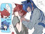  2girls :3 animal_ears arknights blue_eyes blue_hair blush cat_ears cat_girl cat_tail closed_eyes closed_mouth commentary demon_horns earclip exusiai_(arknights) grey_shirt hair_between_eyes hands_on_another&#039;s_cheeks hands_on_another&#039;s_face highres horns kemonomimi_mode long_hair mostima_(arknights) multiple_girls na_tarapisu153 parted_lips red_eyes red_hair shirt short_hair short_sleeves sidelocks smug tail translation_request white_shirt yuri 