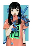  1girl armor badge black_hair blue_eyes blunt_bangs button_badge eyeshadow gloves hand_on_own_face highres junjunforever lips long_hair looking_to_the_side makeup mechanical_parts original pinching print_shirt puckered_lips shirt shoulder_armor solo sticker t-shirt 