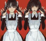 2girls alternate_costume apron black_dress black_eyes black_hair chainsaw_man cross_scar dress enmaided hands_up highres long_hair looking_at_viewer maid maid_apron mitaka_asa mossacannibalis multiple_girls open_mouth orange_eyes red_background ringed_eyes scar scar_on_cheek scar_on_face scar_on_nose smile twintails white_apron yoru_(chainsaw_man) 
