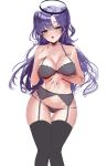  1girl black_halo blue_archive blush bra breasts cleavage fingernails hair_between_eyes halo hand_on_own_chest highres large_breasts long_hair looking_at_viewer open_mouth panties purple_eyes purple_hair simple_background solo standing sweatdrop thighs underwear unfinished white_background ya_ta yuuka_(blue_archive) 