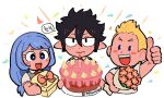  1girl 2boys amajiki_tamaki black_hair blonde_hair blue_eyes blue_hair blush boku_no_hero_academia bouquet box cake candle closed_mouth commentary fire food gift gift_box hadou_nejire holding holding_bouquet holding_cake holding_food holding_gift korean_commentary korean_text long_hair looking_at_viewer meteoricher multiple_boys open_mouth shirt short_hair short_sleeves simple_background smile thumbs_up togata_mirio translation_request upper_body white_background 