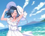  1girl 4410_(kanimiso) armpits arms_up bare_shoulders blue_hair blush bow cloud cloudy_sky collarbone day dot_nose dress dress_bow forest frilled_dress frills hat highres holding holding_clothes holding_hat idolmaster idolmaster_million_live! idolmaster_million_live!_theater_days looking_at_viewer mountain nanao_yuriko nature ocean one_eye_closed open_mouth short_hair sky smile solo white_dress white_headwear yellow_eyes 