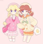 2girls ;) bag bare_shoulders blonde_hair blue_eyes braid brown_hair dress earrings flower flower_earrings hair_between_eyes hand_on_own_hip handbag hands_up hat jacket jewelry long_hair long_sleeves looking_at_viewer low_ponytail low_twintails mario_(series) multiple_girls one_eye_closed oxo_xwo pink_background ponytail princess_daisy princess_peach scarf short_dress shorts simple_background smile twintails upper_body 
