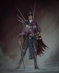  1girl absurdres arm_guards armor black_hair braid chest_jewel cloak eldar forehead_jewel gem highres holding holding_sword holding_weapon multiple_swords nictanova ornate_clothes purple_cloak purple_footwear purple_gemstone simple_background strap sword warhammer_40k weapon 