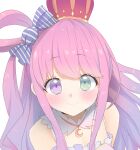  1girl bare_shoulders blush candy_hair_ornament closed_mouth crescent_necklace crown dress food-themed_hair_ornament from_above green_hair hair_ornament heterochromia highres himemori_luna hololive jewelry long_hair looking_at_viewer mini_crown necklace pink_hair portrait princess purple_hair sidelocks simple_background single_hair_ring smile solo staring swept_bangs tareme upper_body virtual_youtuber white_background 