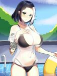  1girl arm_tattoo artist_request benedetta_mlbb bikini black_bikini character_request cowboy_shot green_eyes highres mobile_legends:_bang_bang navel non-web_source pool solo source_request swimsuit tattoo 