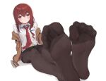 1girl belt black_pantyhose black_shorts blush brown_jacket collared_shirt commentary_request dorsiflexion embarrassed eyelashes feet foot_focus foreshortening full_body hair_between_eyes highres jacket kahlua_(artist) legs long_hair long_sleeves looking_at_viewer makise_kurisu necktie no_shoes off_shoulder on_ground open_clothes open_jacket pantyhose purple_eyes red_hair red_necktie see-through see-through_legwear shadow shirt short_shorts shorts simple_background sitting soles solo spread_toes steins;gate sweatdrop toes white_background white_belt white_shirt 