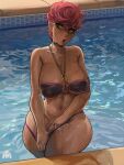  1girl absurdres adjusting_clothes adjusting_swimsuit alamander bikini breasts highres jojo_no_kimyou_na_bouken logo looking_to_the_side medium_breasts medium_hair partially_submerged pool standing swimsuit trish_una vento_aureo 