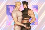  2boys abs ass ass_grab bara battle_tendency belt black_gloves black_pants blonde_hair brown_hair caesar_anthonio_zeppeli closed_mouth crop_top denim facial_mark feather_hair_ornament feathers fingerless_gloves gloves green_eyes hair_ornament hand_on_another&#039;s_waist jeans jojo_no_kimyou_na_bouken joseph_joestar joseph_joestar_(young) korean_commentary lemona633 looking_at_viewer male_focus midriff multiple_boys muscular muscular_male pants parted_lips pectorals shirt short_hair smile white_gloves white_pants white_shirt yaoi 