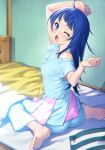  1girl absurdres ahoge arm_up barefoot bed blue_eyes blue_hair blue_pajamas commentary_request highres hirogaru_sky!_precure kazuma_muramasa long_hair looking_at_viewer off_shoulder on_bed one_eye_closed open_mouth pajamas precure short_sleeves sitting soles solo sora_harewataru toenails toes yawning 