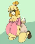  animal_crossing anthro belly big_belly big_breasts big_butt black_eyes blonde_hair breasts butt canid canine canis cleavage clothed clothing domestic_dog female fur hair hi_res holding_stomach isabelle_(animal_crossing) kneeling mammal navel nintendo open_mouth pompuffy_(artist) shih_tzu solo stuffing tail thick_thighs toy_dog yellow_body yellow_fur 