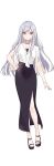  1girl absurdres black_dress black_footwear braid closed_mouth clothing_cutout dress full_body grey_hair hair_between_eyes hand_on_own_hip highres jewelry long_hair looking_at_viewer luciela_(majo_no_tabitabi) majo_no_tabitabi majo_no_tabitabi:_gakuen necklace necomi novel_illustration official_alternate_costume official_art red_eyes sandals shirt simple_background slit_pupils smile solo standing white_background white_shirt 