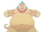  anthro belly blue_hair blush brown_body brown_fur fupa fur ginsingoo1 gouryou hair jewelry lifewonders male mammal moobs navel necklace nipple_fetish nipple_pinch nipple_play nipples nude overweight pinch simple_background snout solo suid suina sus_(pig) tokyo_afterschool_summoners tusks white_background wild_boar 