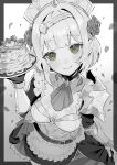  1girl apron armor ascot braid breasts cleavage closed_mouth cowboy_shot falling_petals flower food genshin_impact green_eyes hair_flower hair_ornament highres holding holding_plate lighter-than-air_pancake_(genshin_impact) maid maid_apron maid_headdress medium_breasts monochrome noelle_(genshin_impact) pancake pancake_stack petals plate rose short_hair shoulder_armor skirt_hold smile solo sukoyaka93 