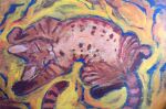  acrylic_painting_(artwork) ambiguous_gender domestic_cat felid feline felis feral lying mammal matuska nipples on_back painting_(artwork) solo traditional_media_(artwork) 