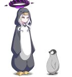  1girl 1other alternate_costume animal_costume bird blue_archive collarbone commentary_request forehead full_body hair_ornament hairclip halo height_difference highres hina_(blue_archive) karikura_(atatata71) long_hair long_sleeves parted_bangs penguin penguin_costume purple_eyes sidelocks simple_background size_difference sleeves_past_fingers sleeves_past_wrists standing wavy_hair white_background white_hair 