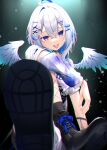  1girl ahoge amane_kanata amane_kanata_(6th_costume) angel_wings arm_on_knee asymmetrical_legwear black_choker black_footwear black_socks blue_eyes blue_hair chain character_print choker colored_inner_hair crossed_bangs crossed_legs feathered_wings fishnet_pantyhose fishnets gradient_eyes grey_hair hair_between_eyes hair_ornament hairclip highres hololive knee_up long_hair looking_at_viewer mini_wings multicolored_eyes multicolored_hair official_alternate_costume pantyhose piercing pink_hair print_shirt purple_eyes shimo_(shimo332215) shirt short_sleeves sidelocks single_bare_shoulder sitting socks solo streaked_hair teeth tongue tongue_out tongue_piercing upper_teeth_only virtual_youtuber white_shirt white_socks white_wings wings x_hair_ornament 